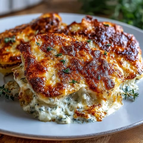 Creamy scalloped potatoes with Gruyere, baked until golden and bubbling, featuring tender layers of Yukon Gold potatoes in a rich garlic cream sauce.
