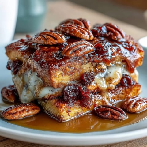 A warm slice of Easy Capirotada with Cinnamon, Piloncillo, and Raisins, layered with toasted bread and melted cheese.