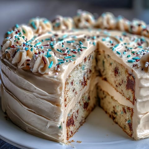 Festive Class of 2026 Confetti Cake finished with smooth, bubbly champagne frosting.
