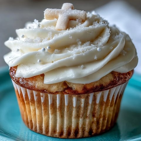 Elegant communion cupcakes topped with creamy frosting and delicate white fondant crosses.
