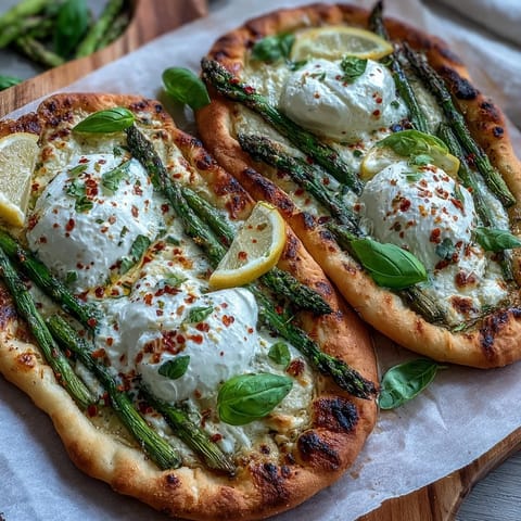 Roasted asparagus flatbread topped with creamy dreamy burrata and bright lemon zest.