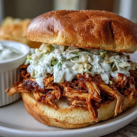 Juicy smoked pulled chicken sandwiches piled high with tangy white BBQ sauce.