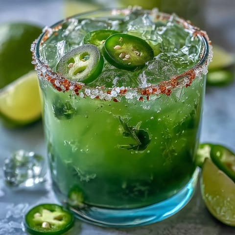 Viral Pickle Margarita Mocktail with spicy jalapeño rim, served chilled.