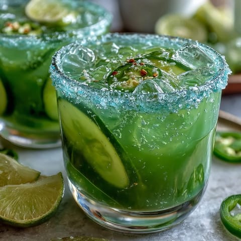 Refreshing alcohol-free pickle margarita, bright lime, with jalapeño salt rim.