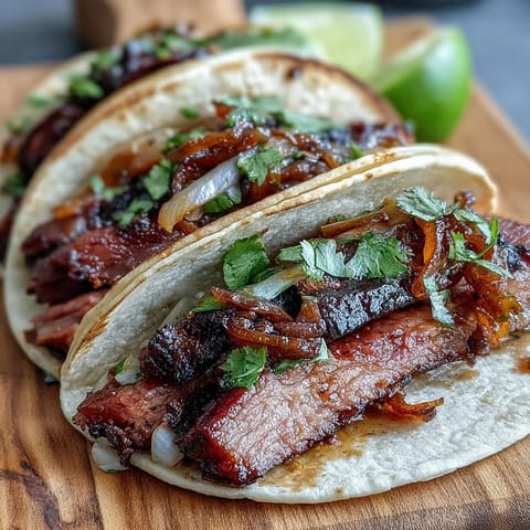 Juicy smoked brisket tacos crowned with vibrant pickled red onions and cilantro.