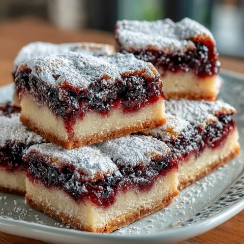 Vibrant blackberry lemon bars with flaky shortbread crust, swirled and tangy.