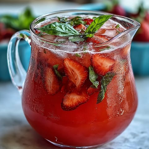 Bright Strawberry Basil Lemonade Pitcher bursting with fresh fruit and herbs.