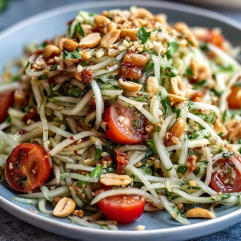 Vibrant Thai Papaya Salad with Peanuts, bright lime dressing, freshly made.
