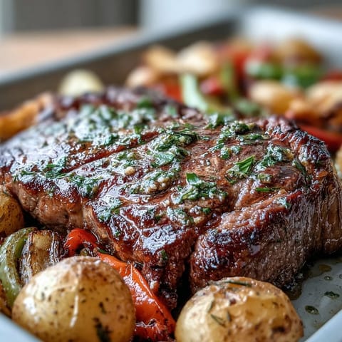 Juicy steak with roasted vegetables, a delicious Father's Day Sheet Pan Dinner.