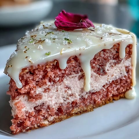 Elegant pink velvet cake with champagne-like rosé wine and shining gold details.