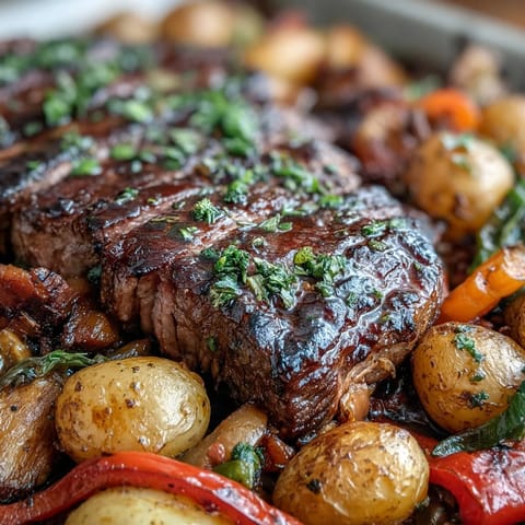 Golden-brown Father's Day Steak and Potato Sheet Pan Dinner, ready to serve.