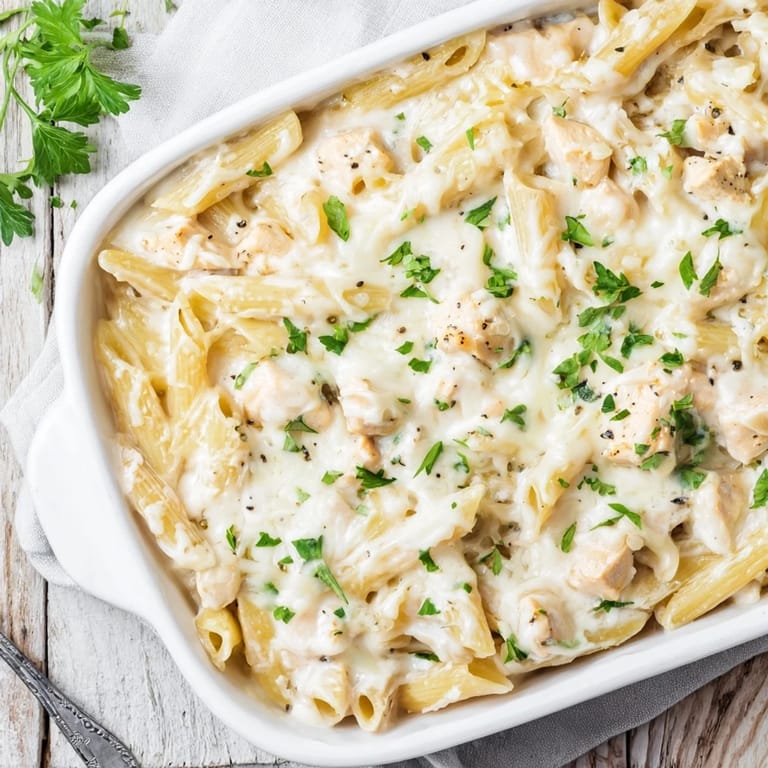 A serving spoon lifts cheesy Chicken Alfredo Bake from a white ceramic dish.