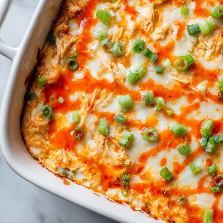 Freshly baked Buffalo Chicken Dip topped with melted mozzarella, ready to serve at a game day party.