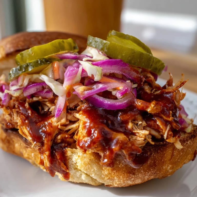 Savory barbecue sauce glistens on juicy chicken, topped with crisp coleslaw and served with potato salad.