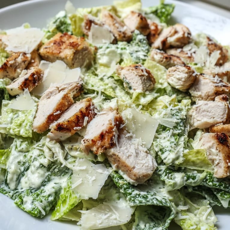 Freshly prepared Chicken Caesar Salad tossed with creamy dressing, served in a white bowl perfect for a quick lunch or light dinner.