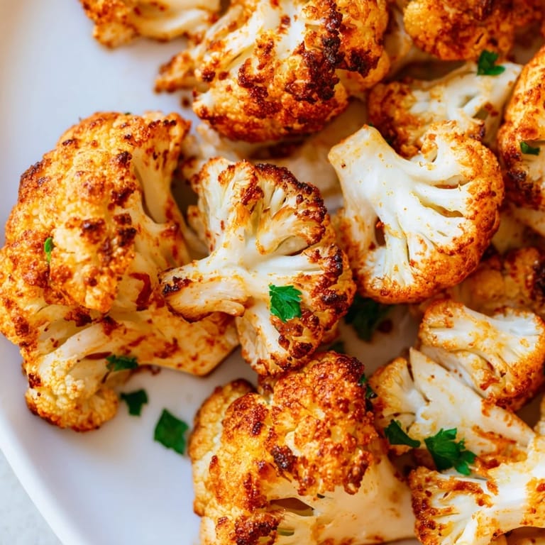 Freshly roasted cauliflower florets garnished with parsley and lemon juice, a vegan and gluten-free healthy snack option.