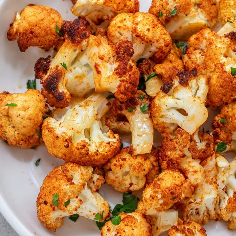 Caramelized Roasted Cauliflower fresh from the oven, lightly dusted with cumin and garlic powder, ready to serve.