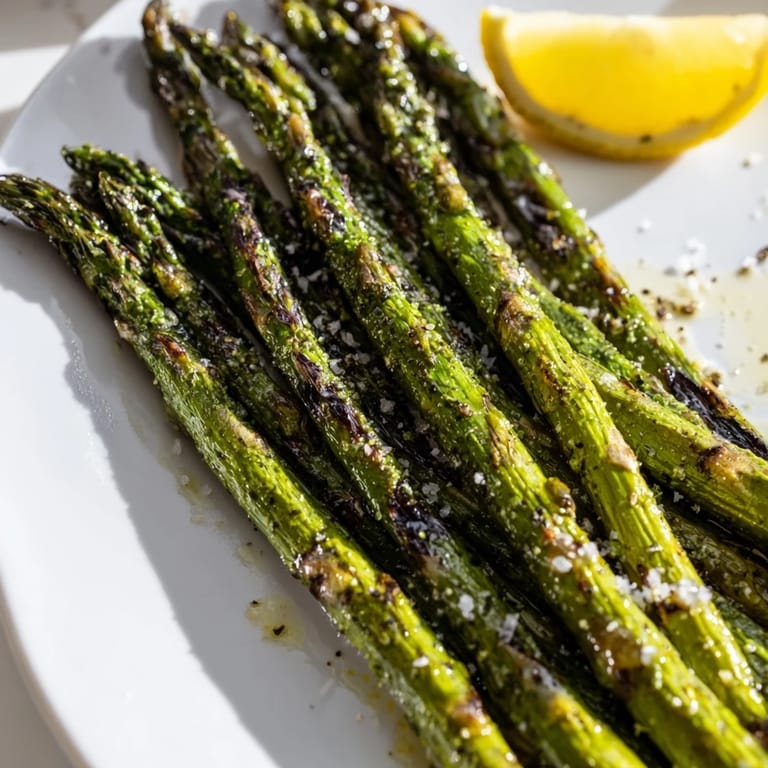 Olive oil glistening on charred grilled asparagus served with lemon wedges for a zesty finish.