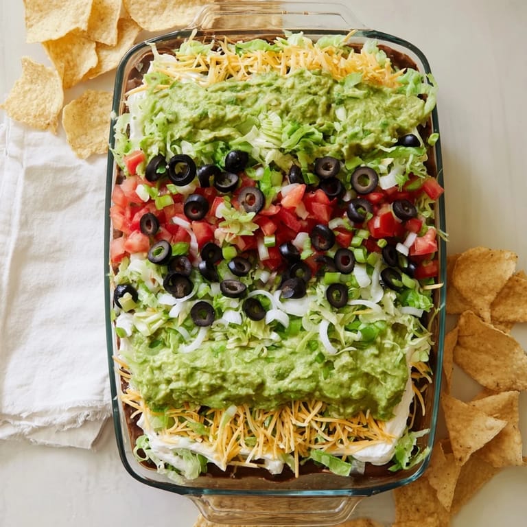 Appetizing Seven-Layer Dip with seasoned refried beans and guacamole, topped with chunky salsa and shredded cheese, perfect for a party platter.