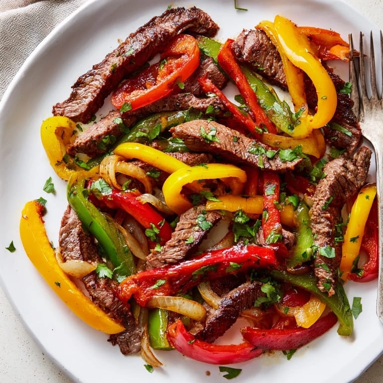 Steak Fajitas plated with warm flour tortillas, fresh cilantro, lime wedges, and toppings like sour cream and salsa.