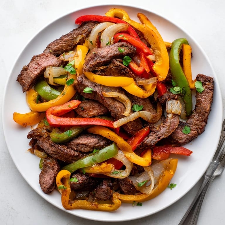 A casual dinner plate with Steak Fajitas, sautéed peppers and onions, and a side of guacamole on a rustic table.