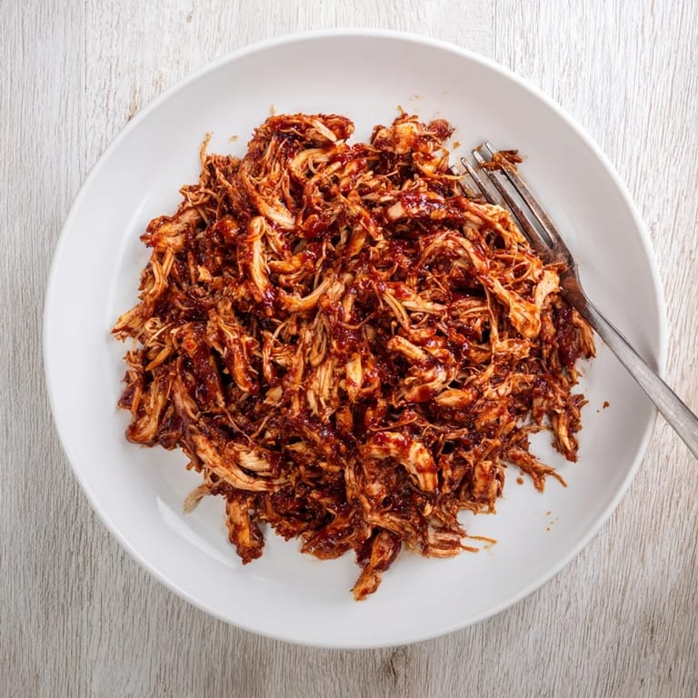 Shredded BBQ Pulled Chicken steaming in a bowl, coated in tangy barbecue sauce and herbs.