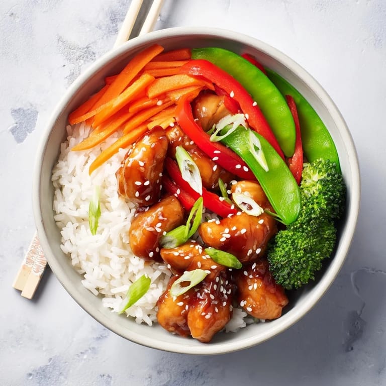 Sizzling teriyaki chicken and crisp veggies mixed with fluffy rice in a serving bowl.