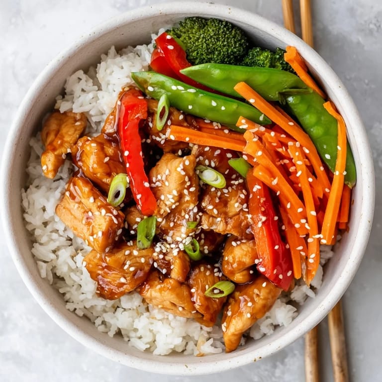 A close-up of a homemade teriyaki chicken bowl garnished with green onions and sesame seeds.