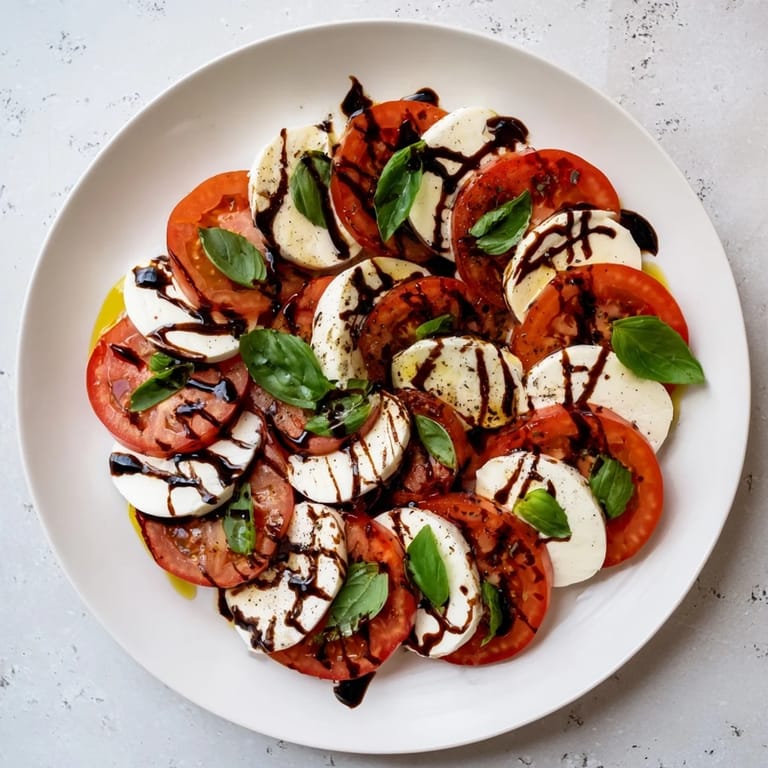 A close-up view of Caprese Salad featuring layered tomatoes and mozzarella, seasoned with sea salt, pepper, and a rich olive oil drizzle.
