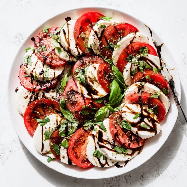 Serving platter of vibrant Caprese Salad with juicy tomato slices and fresh mozzarella, topped with basil leaves and sweet balsamic glaze.