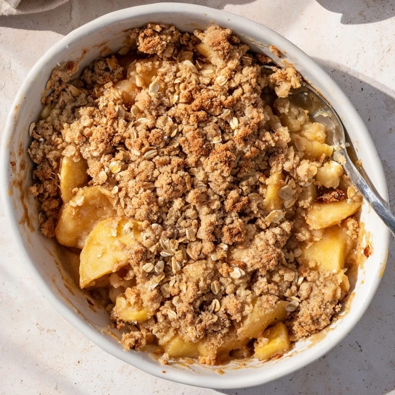 Close-up of Apple Crumble dessert revealing buttery crumble topping over tender baked apples, with a scoop of creamy vanilla ice cream melting on top.