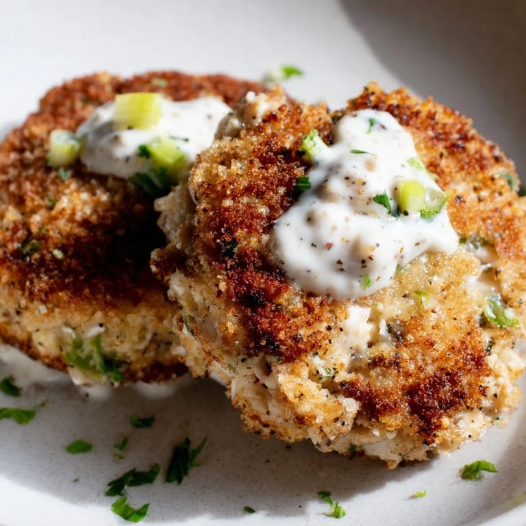 Pan-fried Crab Cakes served hot with fresh herbs and a tangy tartar-like sauce.
