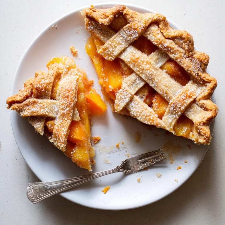 Peach pie served warm with a scoop of vanilla ice cream melting into the spiced peach filling.