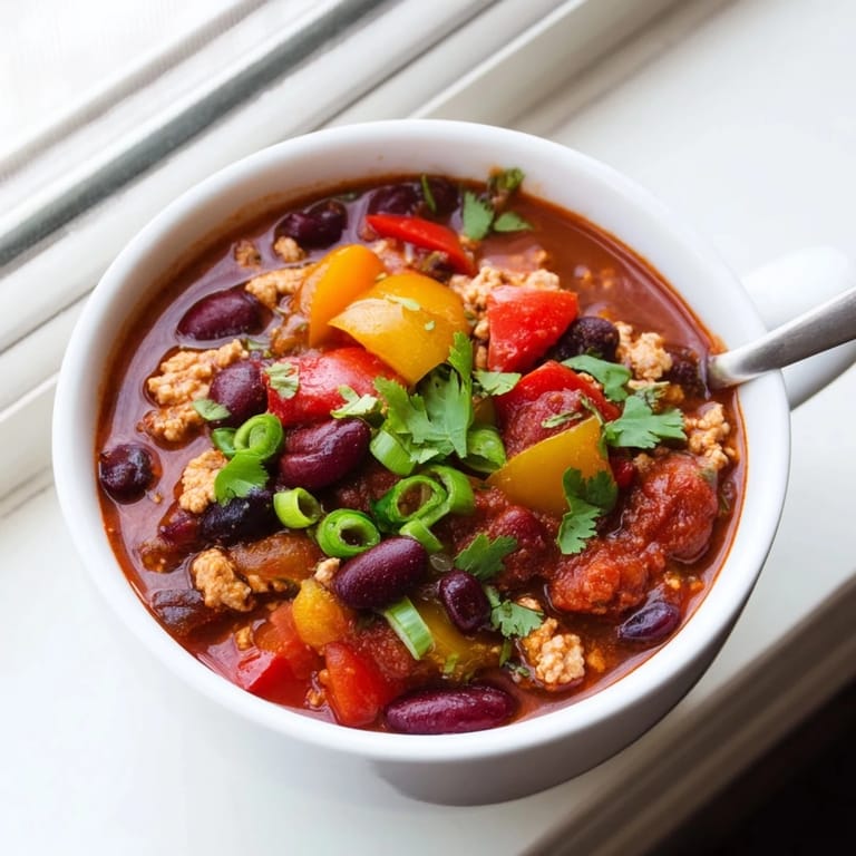 A comforting spoonful of Turkey Chili lifted from a ceramic bowl, showing the savory texture and colorful vegetables.