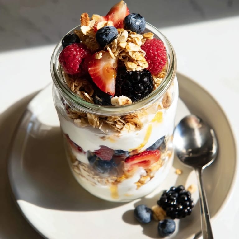 This refreshing Berry Parfait features alternating layers of yogurt, granola, and berries, ideal for a healthy breakfast or light dessert.
