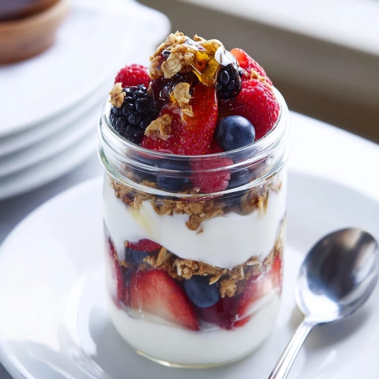 A close-up of Berry Parfait highlights glossy berries and golden granola, ready to serve with a honey drizzle for sweetness.