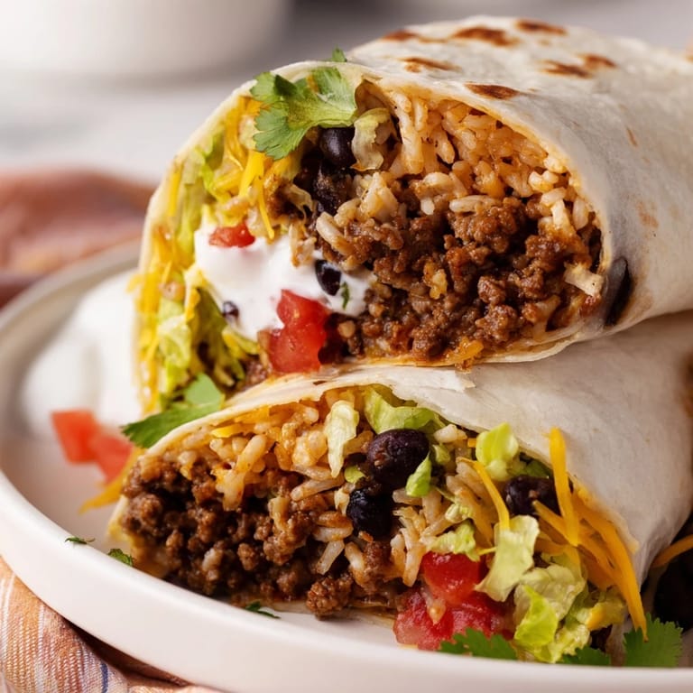 Homemade Beef Burrito tightly wrapped, served upright on a rustic plate with a side of sour cream and fresh cilantro garnish.
