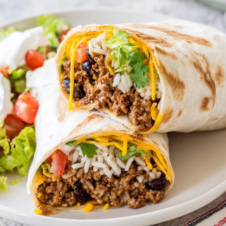 Freshly prepared Beef Burrito cut in half, revealing layers of savory beef, white rice, and vibrant shredded lettuce with diced tomatoes.