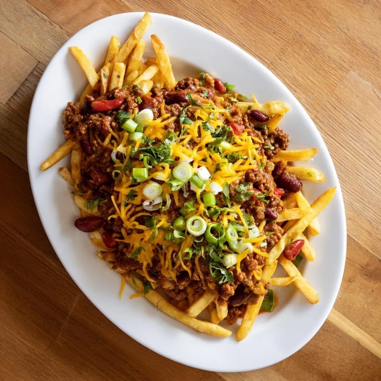 Homemade Chili Cheese Fries baked until bubbly, with a sprinkle of cilantro. Served alongside extra sour cream for dipping and a hearty snack.