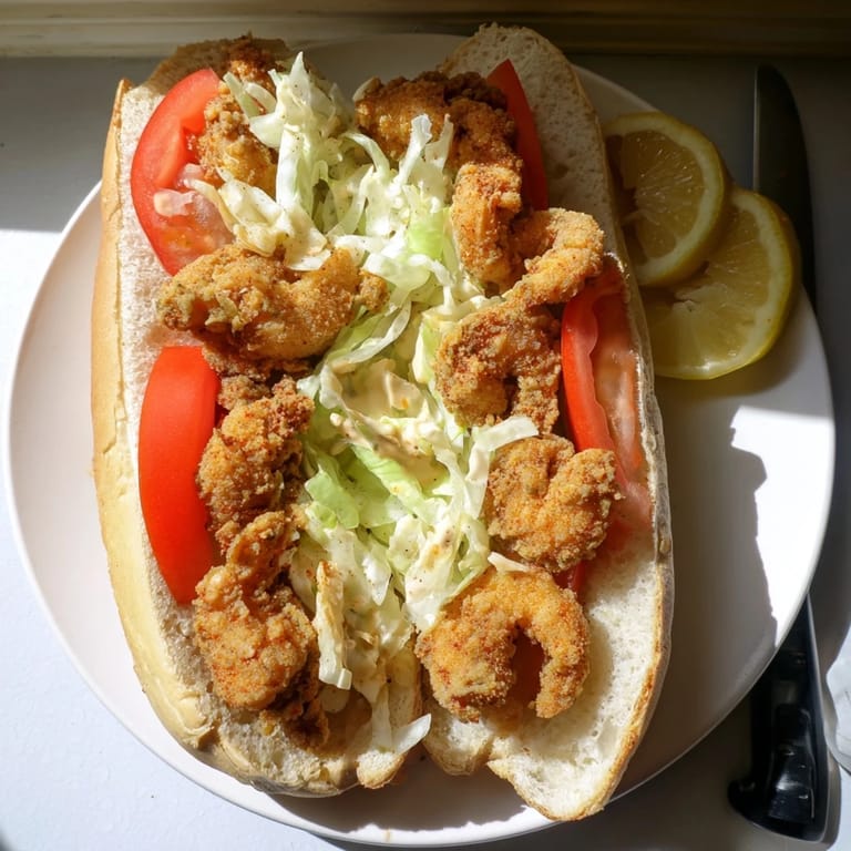 A close-up of a Shrimp Po Boy sandwich layered with creamy mayo, juicy tomatoes, and crisp lettuce.
