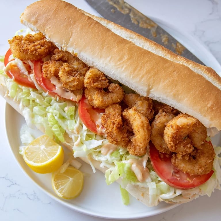 A freshly made Shrimp Po Boy served with lemon wedges and pickle slices on a wooden board.