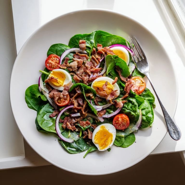 A close-up of Spinach Salad with Bacon, showing halved cherry tomatoes and thin red onion slices alongside golden bacon and soft egg slices.