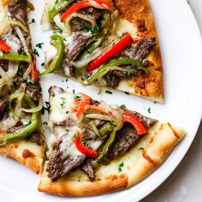A close-up of a cheesy slice of Philly Cheesesteak Pizza being lifted, showing gooey cheese pull.