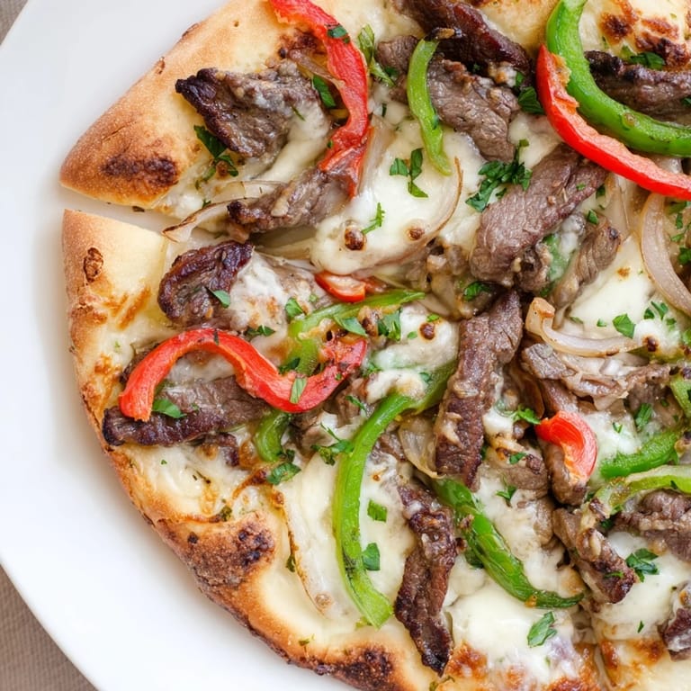 Sizzling ribeye steak and colorful peppers on a golden crust of a homemade Philly Cheesesteak Pizza.
