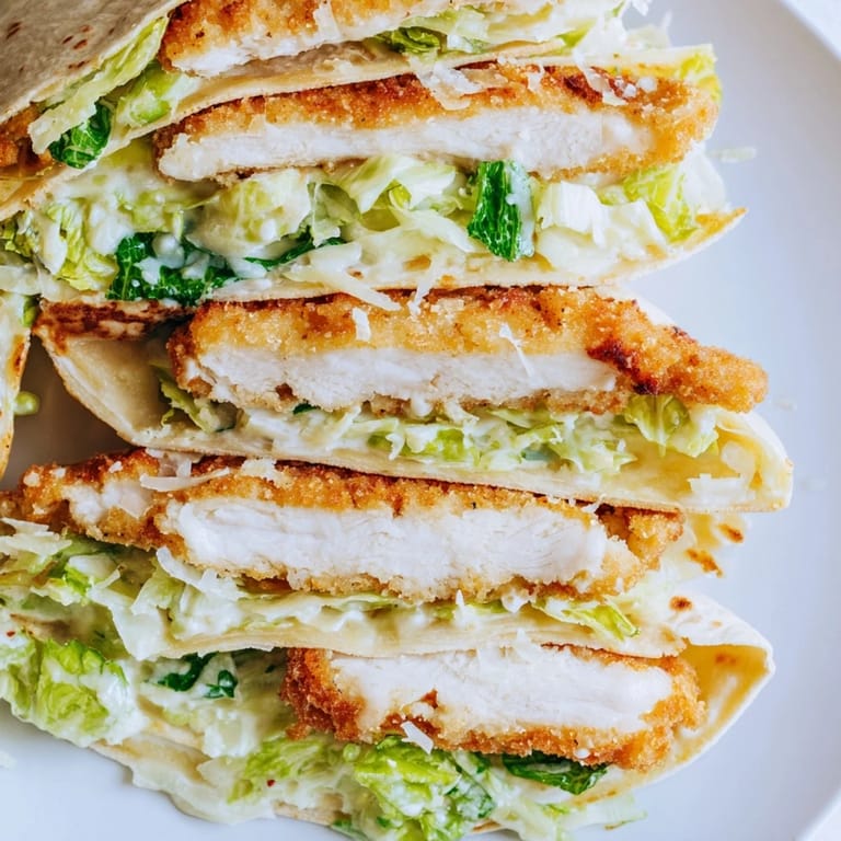 A close-up of a Crispy Chicken Caesar Wrap cut in half, showing layers of chicken, lettuce, and Parmesan.