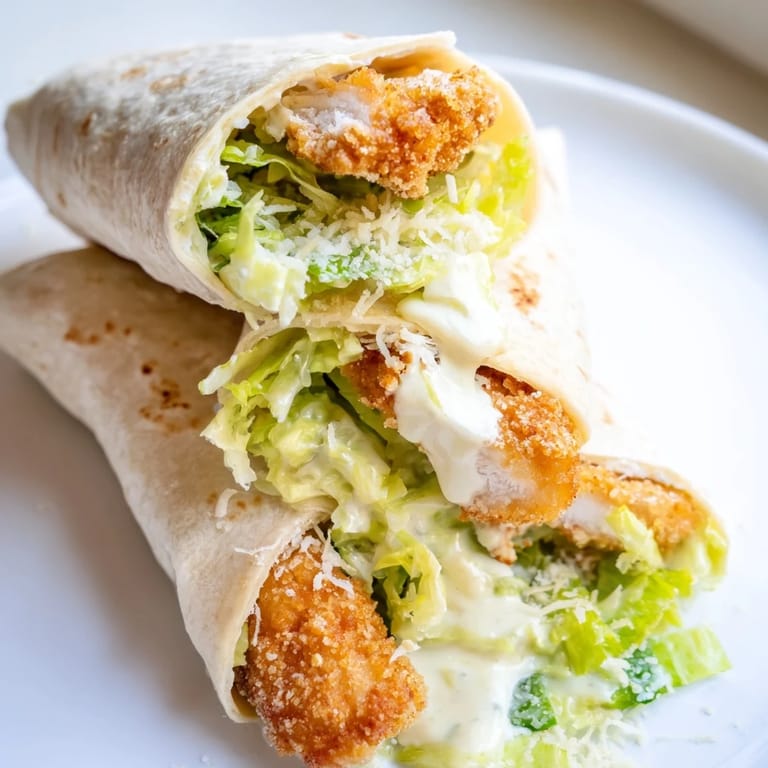 Delicious Crispy Chicken Caesar Wrap served on a plate with lemon wedges and extra Caesar dressing for dipping.