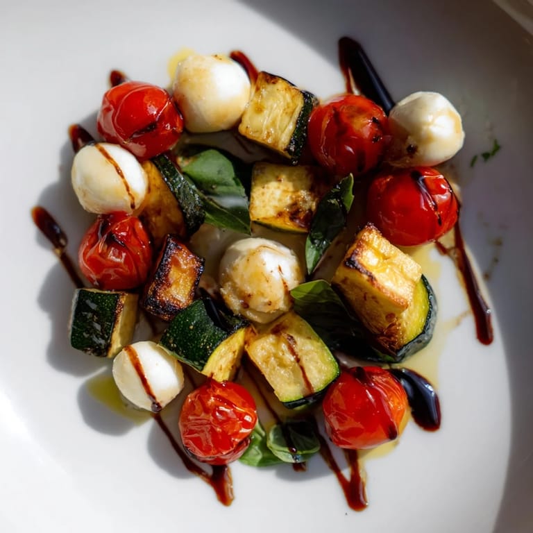 Colorful Roasted Veggie Caprese Salad featuring roasted bell peppers, cherry tomatoes, and fresh mozzarella.
