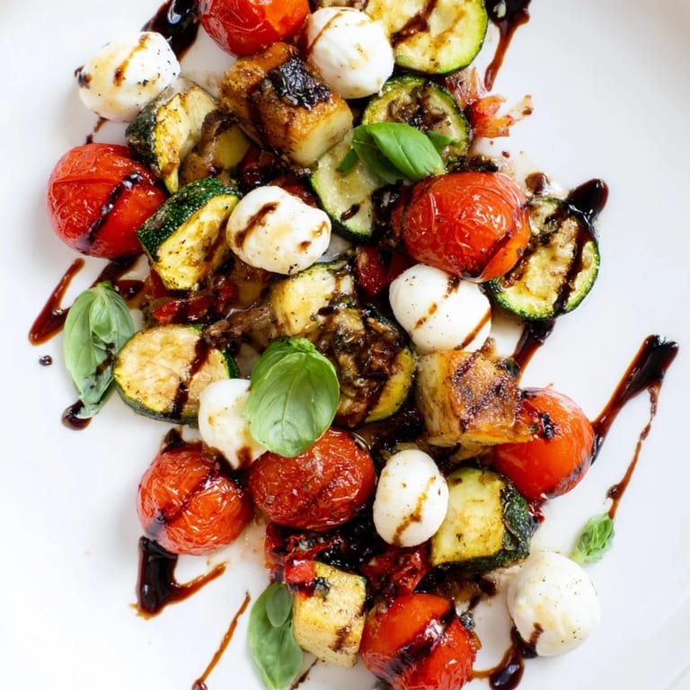 Basil-topped Roasted Veggie Caprese Salad served warm on a platter with balsamic drizzle.