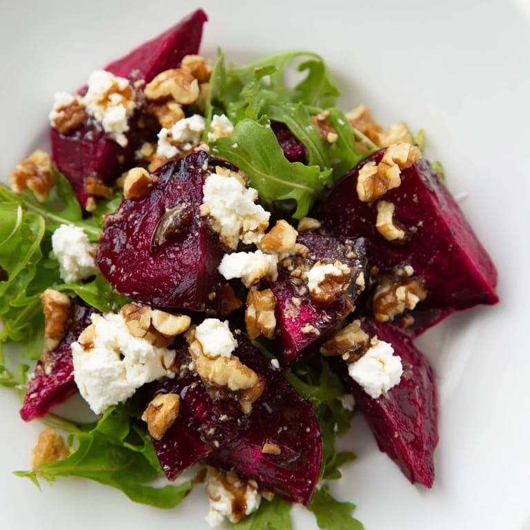 Serving suggestion for Roasted Beet Goat Cheese Salad: tender roasted beets, crumbled goat cheese, and walnuts tossed with peppery arugula and a bright balsamic drizzle.