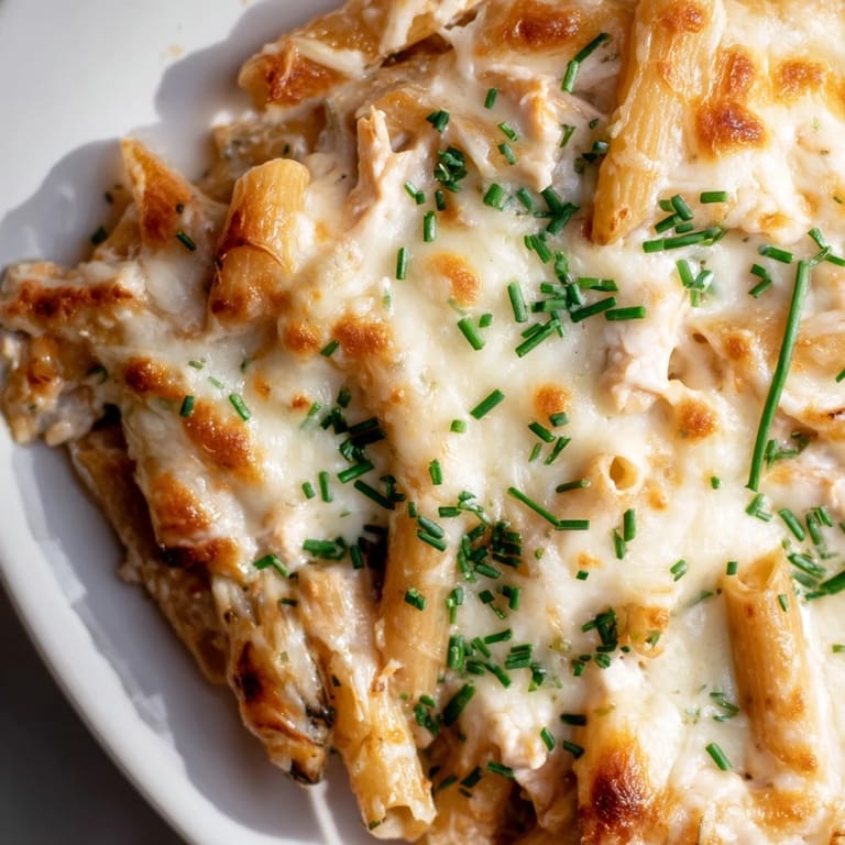 Family-style Chicken Ranch Pasta Bake with golden cheese topping, served with a side salad for a complete meal.